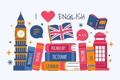 an english language poster with books and other things around it, including the british flag