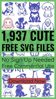 an advertisement for free svg files with cats and dogs in blue on green background