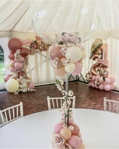 a table topped with lots of balloons and flowers