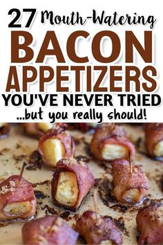 Best Bacon Appetizers For Parties - Looking for meat appetizers? These bacon appetizers and bacon wrapped appetizer bites are easy party food recipes for single serve toothpick finger foods to feed a crowd - Food and Drink Event Planning Appetizers Using Pork Tenderloin, Bacon Brunch Display, Bacon Wrapped Hors D’oeuvres, Toothpick Finger Foods, Bacon Wrapped Finger Foods, Date Bacon Appetizer, Apps With Bacon, Bacon Dips And Appetizers, Candied Bacon Appetizers