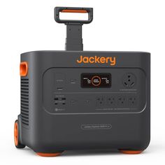 an orange and gray speaker with the name jackery on it's back side