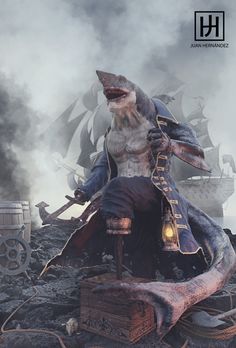 ArtStation - Shark Pirate, Juan Hernández Treasure Island Characters, Shark Pirate, Old Illustration, Humanoid Creatures, Fantasy Warrior, Fantasy Inspiration