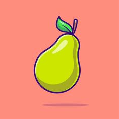 a green pear with a leaf on it's tip, against a pink background