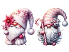 two christmas gnomes with hats and candy canes on their heads, one wearing a santa claus hat