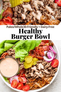 the healthy burger bowl is full of meat, lettuce and tomatoes