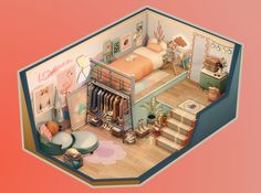 an aerial view of a bedroom in the shape of a house