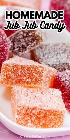 some sugary treats are on a plate with the words gummy candy above them