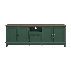 a green entertainment center with two doors and drawers