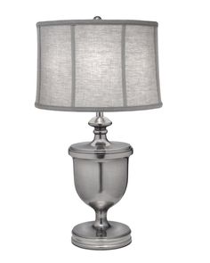 a silver table lamp with a white shade on the top and bottom part of it