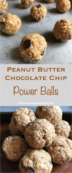 peanut butter chocolate chip power ball recipe on a baking sheet and in the background is a pile of cookies