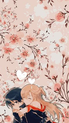 two anime characters are hugging in front of pink flowers and white birds flying above them