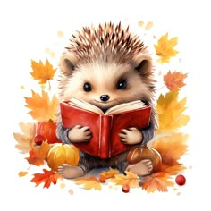 a hedge reading a book while surrounded by autumn leaves