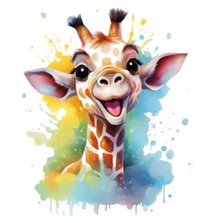 a giraffe with its tongue out and watercolor paint splatters around it