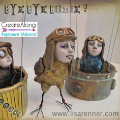 three dolls are sitting on top of each other in hot air balloons with words above them