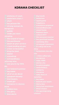 a pink poster with the words kdrama checklist written in white on it