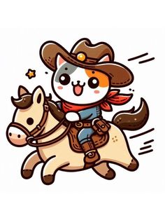 a cartoon character riding on the back of a white horse with a cowboy hat and lasso