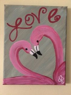 a painting of two pink flamingos in love