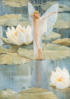 a painting of a woman with wings standing on lily pads