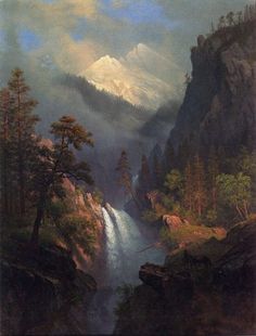 a painting of a mountain scene with a waterfall in the foreground and trees on the other side