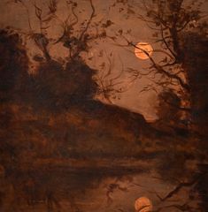 an image of a painting with trees and moon in the sky over water at night