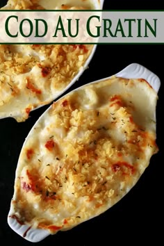 two white plates filled with baked food on top of a table next to the words god au gratin