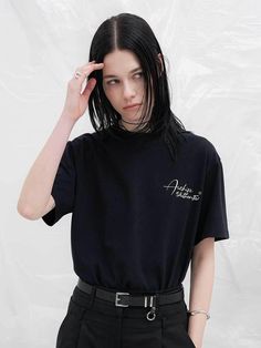 YUTHENTIC is a women's wear-based street casual brand that develops unique collections within neat silhouettes and everyday styles, focusing on androgynous items.- Box shape short sleeve t-shirt- Lettering embroidery point- Prevents sagging by sewing back neck tape- Comfortable to wear Unisex Black Short Sleeve T-shirt, Edgy Short Sleeve T-shirt With Text Print, Grunge Short Sleeve T-shirt For Spring, Edgy Relaxed Fit T-shirt For Summer, Relaxed Fit Short Sleeve Grunge T-shirt, Modern Oversized T-shirt, Edgy Short Sleeve Tops For Everyday, Edgy Streetwear T-shirt For Spring, Modern Short Sleeve T-shirt For Streetwear