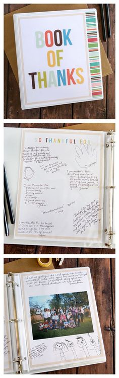 an open book with writing on it and the words'book of thanks'written in different languages