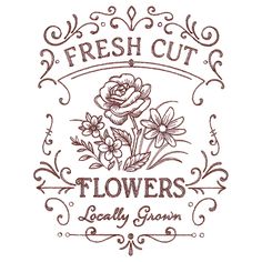 a flower shop logo with the words fresh cut flowers, lady grown in brown ink