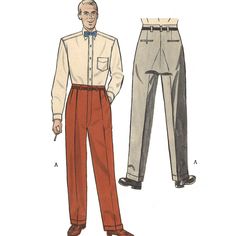 A pair of men's slack for lounging or work. They are trimly tailored to give the best fit, have smooth cuffs and two back pockets. Make the slacks in a smart ribbed fabric or in one of the long-wearing woollen fabrics. Offered here as: Digital Download. This pattern is also available as a Paper Pattern Here https://www.etsy.com/uk/listing/721023093 Skill Level: Intermediate Size Guide: Waist: 42" (107cm) Finished length of inside leg seam of slacks: 32" (81.3cm) Sewing Notions: 3 Buttons, 11" Tr Vintage Formal Dress Pants With Tapered Leg, Vintage Formal Dress Pants Tapered Leg, Vintage Formal Dress Pants With Belt Loops, Vintage Dress Pants With Belt Loops For Formal Occasions, Vintage Tapered Leg Dress Pants For Formal Occasions, Tailored Retro Formal Pants, Retro Tailored Formal Pants, Retro Tailored Pants For Formal Occasions, Vintage Formal Dress Pants With Pockets