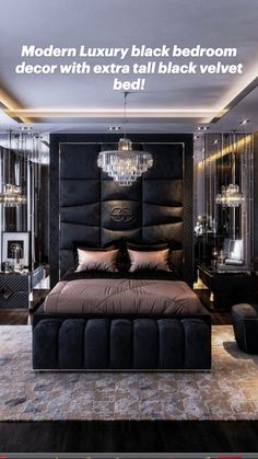 a bed room with a neatly made bed and chandelier