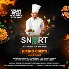 an advertisement for a restaurant called snarrt featuring a chef holding a plate of food