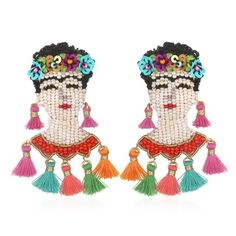 Art lovers and Frida fans these new Suzanna Dai earrings are a must have. The... Mirabel Earrings, Frida Kahlo Self Portrait, Frida Kahlo Earrings, Silk Tassels, Beaded Tassel Earrings, Pretty Jewelry, Seed Bead Earrings, Beaded Tassels, Metallic Thread