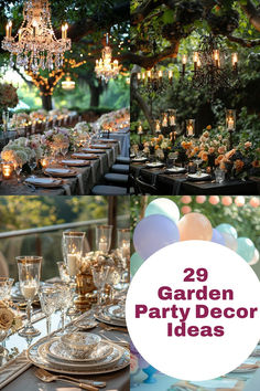 an outdoor garden party decorated with balloons, candles and table settings for guests to enjoy