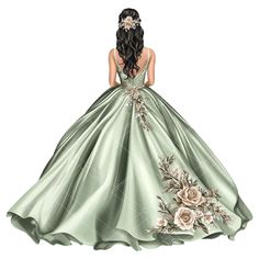 Sage Green Quince, Green Quince, Dress Clipart, Sage Green Dress, Light Sage Green, Quince Dress, Ivory Roses, Quinceanera Invitations, Quinceanera Dresses