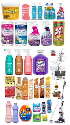 many different types of cleaning products are arranged in a gridlocked pattern on a white background