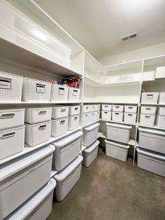 organized closet, closet organizing, closet organization ideas, closet clean out, storage ideas, storage hacks, organizing ideas Walk In Closet Storage Bins, Bins For Organizing Closet Plastic, White Closet Storage Bins, Clear Storage Bins Organization Pantry, Linen Closet Organization Clear Bins, Organization Solutions, Professional Organizer, Office Organization