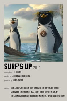 a movie poster with two penguins in the water and one penguin standing next to each other