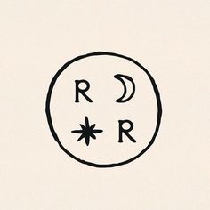 a black and white drawing of the letter r in a circle with stars on it