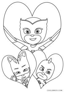 coloring pages for kids with the characters from pj masks and their faces in heart shapes