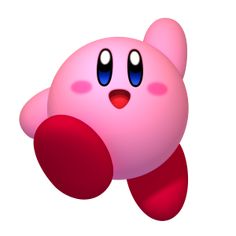 an image of a pink pacman character with big eyes and red nose, standing in front of a white background