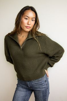 Experience ultimate comfort in this Quarter Zip Henley Sweater for Women in Olive. Featuring a fold down collar, neutral color and soft sweater material, this sweater is the perfect amount of trend and comfort! Features: Final Touch Style: FW1656-OLIVE Color: Olive 55% Acrylic 45% Cotton Women’s Sweater Zip neck Henley style Knit sweater material Ribbed hem and sleeves Fold down collar Relaxed fit Measurements from size small: Length from center back: 21” Chest: 42” Machine wash cold, tumble dry Olive Sweater Outfit, Olive Sweater, Olive Style, Henley Sweater, Sweater Material, Olive Color, Softest Sweater, Quarter Zip, Sweaters & Cardigans