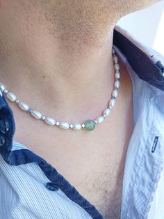 Mens real pearl necklace,Green y2k beaded choker,Crystal hematite necklace,Gemstone green agate & pearl necklace men,Secret Santa gift by JewelryByElisForMen on Etsy Men Secret Santa Gifts, Green Y2k, Hematite Necklace