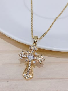 Cubic Zirconia Cross Charm Necklace Yellow Gold Fashionable   Copper     Women Fashion Jewelry, size features are:Bust: ,Length: ,Sleeve Length: Shein Gold Necklace, Mexican Cross Necklace, Beautiful Cross Necklace, Crystal Cross Necklace, Hispanic Jewelry, Cross Necklace Womens, Gold Necklace Cross, Gold Cross Necklace For Women