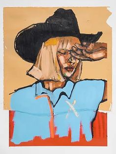 a painting of a woman wearing a cowboy hat and holding her hand to her face