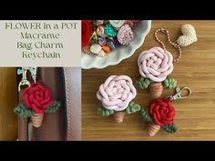 crochet flowers in a pot and keychain