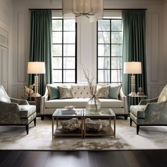 a living room with two couches, chairs and a coffee table in front of large windows