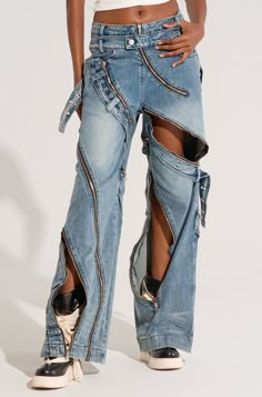 NOW AND LATER DENIM PANT WITH ZIPPER DETAILING – AKIRA Pants Boot, Denim Mixed With Other Fabric, Combat Jeans, Metal Pants, Edgy Denim Jeans With Zipper Closure, Star Pants, Streetwear Bottoms With Frayed Hem In Recycled Denim, Deconstructed Straight Leg Denim Bottoms, Upcycle Denim