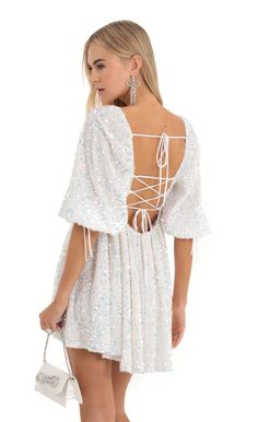 Velvet Sequin Baby Doll Dress in White | LUCY IN THE SKY White Short Sleeve Mini Dress With Tie Back, Sequin Babydoll Dress, Socialite Style, Princess Sleeves, Loose Clothing, Sequin Dresses, Princess Dresses, Dress Inspo, Grad Dresses