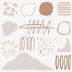 an assortment of different shapes and sizes on a white background, including lines, dots, and circles