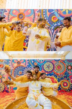 three men in yellow and white outfits are posing for the camera with their arms around each other